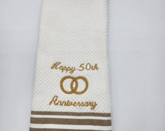 CLEARANCE - 50th Anniversary on White with Tan Stripe  Embroidered Cotton Kitchen Towel - Free Shipping - Ready To Ship