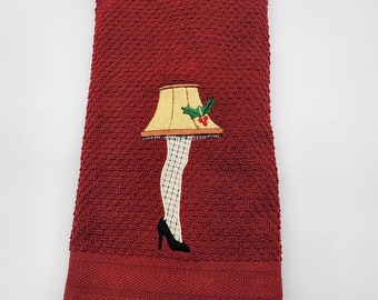 Leg Lamp on Red Embroidered Cotton Kitchen Towel - Free Shipping - Ready To Ship