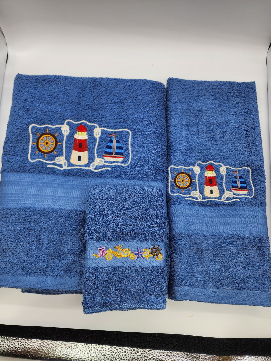 Nautical on Blue 3 Piece Embroidered Bath Towel Set Bath Towel, Hand
