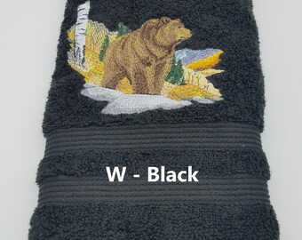 Autumn Grizzly - Embroidered Hand Towel - Pick The Color of Towel