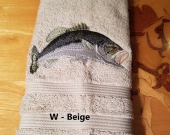 Large Mouth Bass - Embroidered Hand Towel - Choice of Towel Color - Face Towel - Order One or More - Free Shipping