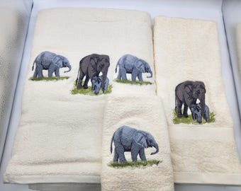 Elephants on Ivory - Embroidered 3 Piece Bath Set - Bath Sheet, Hand Towel & Washcloth - In Stock - Ready To Ship