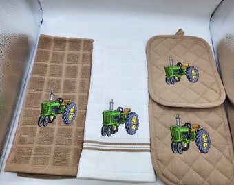 4 Piece Embroidered Kitchen Towel Set - Green Tractor - Order as sets or individually - Free Shipping