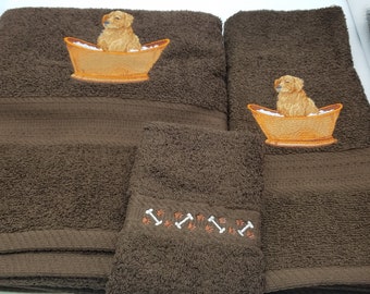 Irish Setter on Brown - 3 Piece Embroidered Towel Set - Bath Towel, Hand Towel and Washcloth - In Stock - Ready To Ship