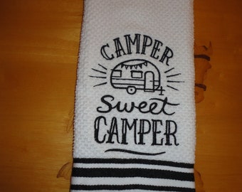 Camper Sweet Camper - Asciugamano da cucina in cotone ricamato