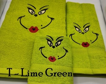 Mrs Grinch Face - Embroidered Towels - Order Set or Individually - Pick Towel Color- Bath Sheet, Bath Towel, Hand Towel and Washcloth