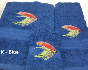 Fishing Lure Embroidered Towels - Pick Your Size of Set & Towel Color - Bath Sheet, Bath Towel, Hand Towel, Washcloth - Free Shipping