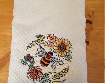 Honeycomb and Bees - Embroidered Cotton Kitchen Towel - Loving Stitches - Get One or More - Cotton Kitchen Towel