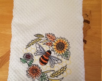 Honeycomb and Bees - Embroidered Cotton Kitchen Towel - Loving Stitches - Get One or More - Free Shipping - Cotton Kitchen Towel