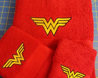 Ready To Ship - Super Hero - Wonder Woman - 3 Piece Embroidered Towel Set - Bath Towel, Hand Towel and Washcloth