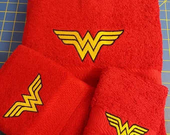 Super Hero - Wonder Woman - 3 Piece Embroidered Towel Set - Bath Towel, Hand Towel and Washcloth - Ready To Ship