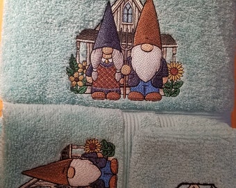 Ma & Pa Gnomes - Embroidered Towels - Pick Size of Set and Color of Towel - Bath Sheet, Bath Towel, Hand Towel, Washcloth - Free Shipping