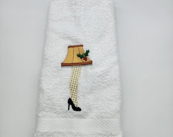 In Stock - Ready To Ship - Leg Lamp on White Embroidered Hand Towel - Face Towel -  Free Shipping