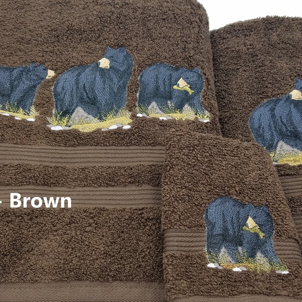 Black Bear Trio - Embroidered Bath Towel Set - Bath Towel, Hand Towel and Washcloth - FREE SHIPPING - Order Set or Individually