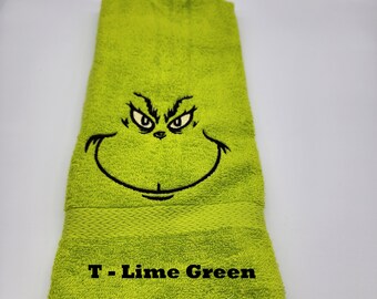 Embroidered Hand Towel - Mr Grinch Face - Order One or More - Pick Color of Towel - Free Shipping
