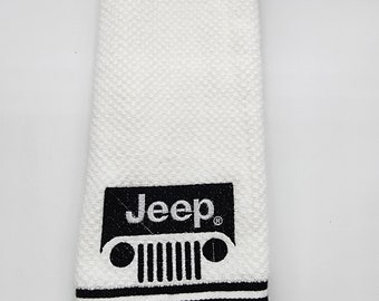Ready to Ship - In Stock - Jeep on White with Black Stripe - Embroidered Cotton Kitchen Towel - Free Shipping