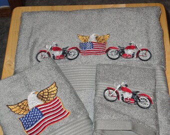 Biker - All American  - Embroidered Bath Towel Set - Bath Towel, Hand Towel and Washcloth - FREE SHIPPING - Order Set or Individually