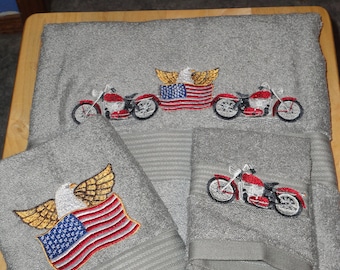 Biker - All American  - Embroidered Bath Towel Set - Bath Towel, Hand Towel and Washcloth -  Order Set or Individually