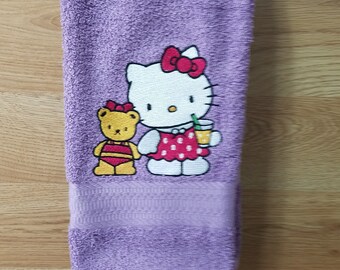 In Stock - Ready To Ship - Hello Kitty on Lavender - Embroidered Hand Towel - Free Shipping