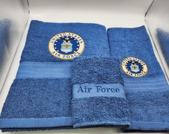 Ready To Ship - Military - Air Force on Light Blue  - 3 Piece Embroidered Towel Set - Bath Towel, Hand Towel and Washcloth