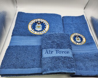 Ready To Ship - Military - Air Force on Light Blue  - 3 Piece Embroidered Towel Set - Bath Towel, Hand Towel and Washcloth