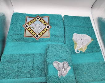 Elephant  - Embroidered Towels - Order Individually or Set - Pick Towel Color-Bath Sheet, Bath Towel, Hand Towel & Washcloth