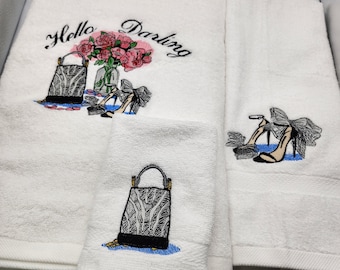 Hello Darling - Glamour - Fashion- 3 Piece Embroidered Towel Set - Bath Sheet, Hand Towel and Washcloth - Ready To Ship