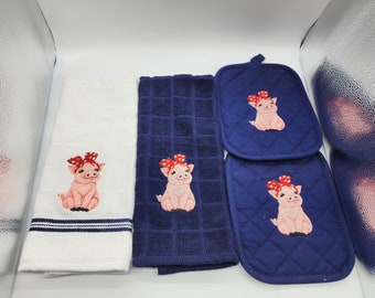 Ready To Ship - 4 Piece Embroidered Kitchen Towel Set - Pig in Bandana on Blue - Free Shipping