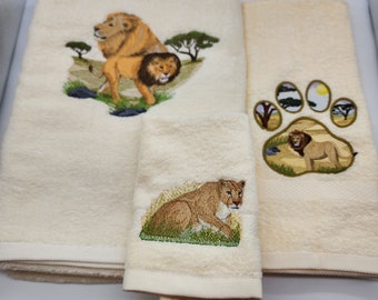 Lion on Ivory  - 3 Piece Embroidered Towel Set - Bath Sheet, Hand Towel and Washcloth - Ready To Ship