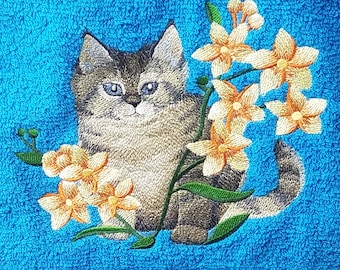 Gray Cat - Embroidered Hand Towel - Bathroom Decoration - Free Shipping