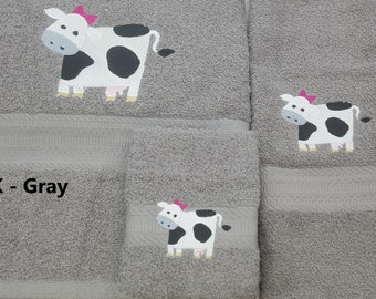 Girl Cow - Embroidered Towels - Order Set or Individually - Bath Towel, Hand Towel and Washcloth - Free Shipping