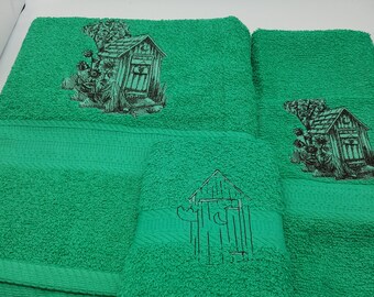 CLEARANCE Outhouse Outline on Green - 3 Piece Embroidered Towel Set - Bath Towel, Hand Towel and Washcloth - Free Shipping - Ready to Ship