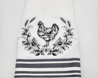 Rooster/Chicken on White with Gray Stripe Embroidered Kitchen Towel - Ready to Ship - In Stock