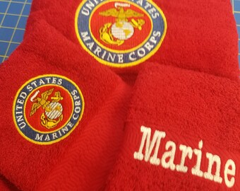 Ready To Ship - USMC - Marine on Red  - 3 Piece Embroidered Towel Set - Bath Towel, Hand Towel and Washcloth