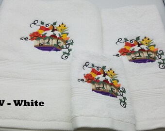 Fall Harvest Basket - Embroidered Towels - Order Set or Individually - Choose Towel Color - Bath Sheet, Bath Towel, Hand Towel and Washcloth