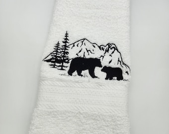 In Stock - Ready To Ship - Black Bear Silhouette Scene  - Embroidered Hand Towel - Free Shipping