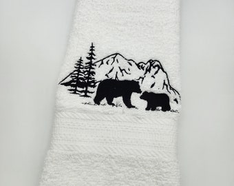 Black Bear Silhouette Scene  - Embroidered Hand Towel - In Stock - Ready To Ship