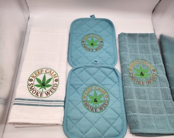 4 Piece Embroidered Kitchen Towel Set - Keep Calm Smoke Weed - Order as sets or individually