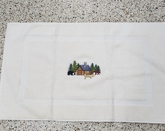 Cabin In The Woods Embroidered Bath Mat - Embroidered Directly on Bath Mat - Free Shipping