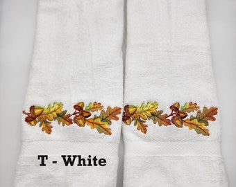 Fall Leaves and Acorns - Embroidered Hand Towel - Pick Color of Towel - Order One or More - Free Shipping