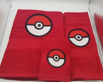 Ready To Ship - Pokemon on Red - 3 Piece Embroidered Towel Set - Bath Towel, Hand Towel and Washcloth