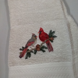 Cardinals - Male & Female  - Embroidered Hand Towels - Face Towel - Order One or More - Bathroom Decoration