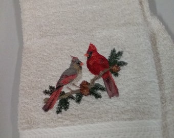 Cardinals - Male & Female  - Embroidered Hand Towels - Face Towel - Order One or More - Bathroom Decoration - Free Shipping