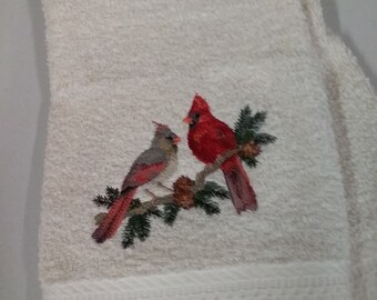 Cardinals - Male & Female  - Embroidered Hand Towels - Face Towel - Order One or More - Bathroom Decoration