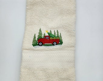 Small Red Christmas Truck on Ivory - Embroidered Hand Towel