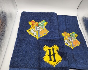 Harry Potter 4 House Shield on Navy Blue  - 3 Piece Embroidered Towel Set - Bath Sheet, Hand Towel and Washcloth - Ready To Ship