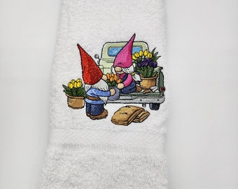 Spring Gnome in Truck - Embroidered Hand Towel - Face Towel - Order One or More - Choice of Towel Color - Decorated Towel