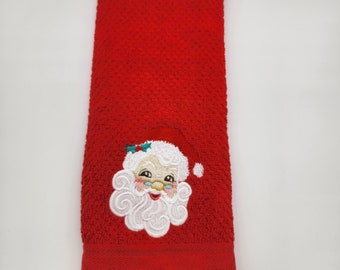 Santa Face on Red - Embroidered Cotton Kitchen Towel - Ready To Ship