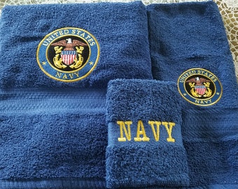 Military - Navy on Navy Blue  - 3 Piece Embroidered Towel Set - Bath Towel, Hand Towel and Washcloth