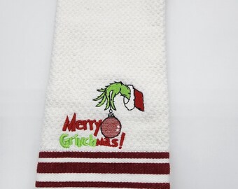 Merry Grinchmas Hand on White with Red Stripe - Embroidered Cotton Kitchen Towel - Ready To Ship